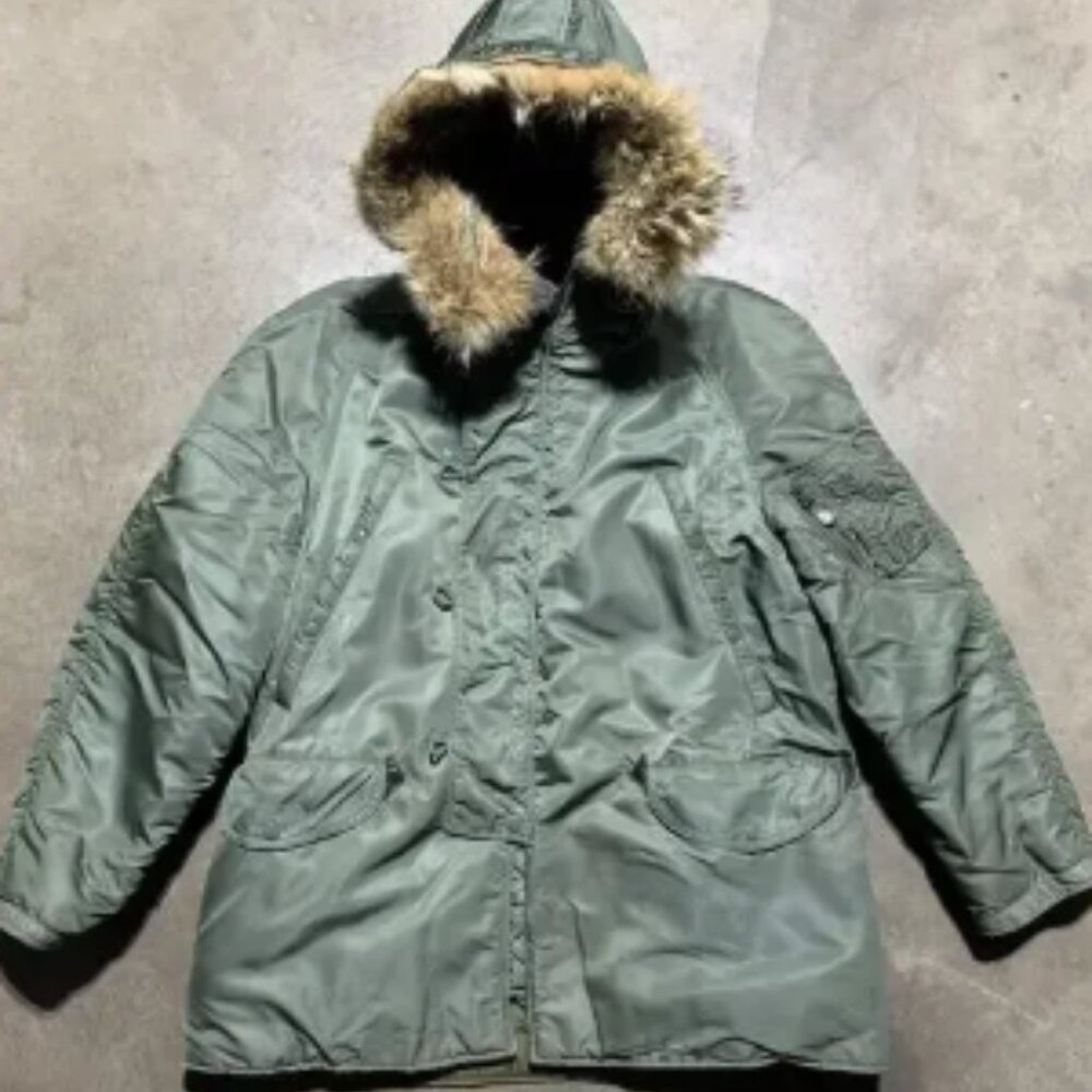 Vintage Flying Man's USAF 1511 Type N-3B Jacket Coat Parka Fur Hood Sz LARGE